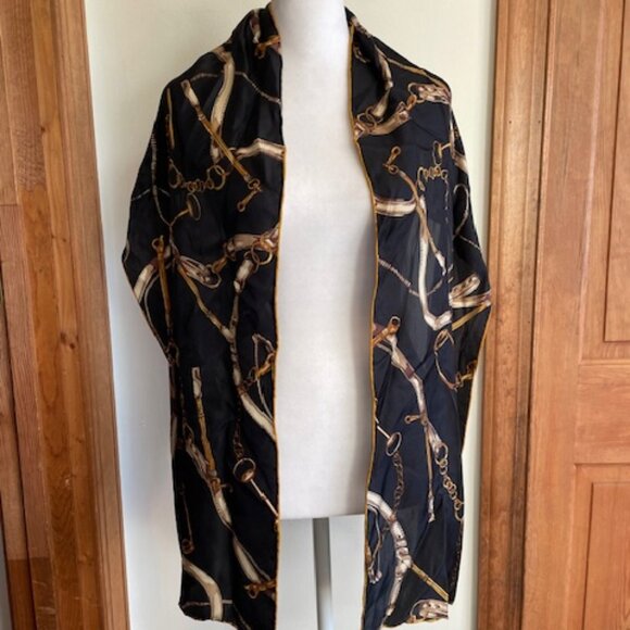 TALBOTS Vintage Silk Scarf Equestrian Print Oblong Black, Brown, Gold - Picture 2 of 14